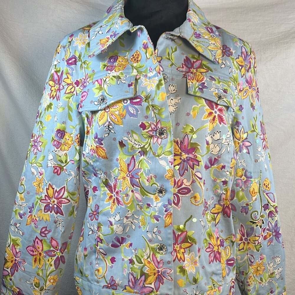 REDD Jeans Jacket Women's Sz 8 Blue Floral Iridescent Sequins Y2K Vtg Colorful A